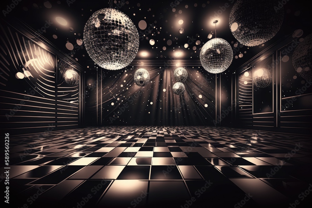 empty room in club with lights and disco balls after party, created ...