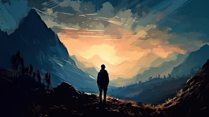 silhouette of a person in the mountains at sunrise created with Generative AI technology