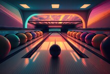 Bowling Alley, With Colorful Lanes And Balls On Display, During Sunset, Created With Generative Ai