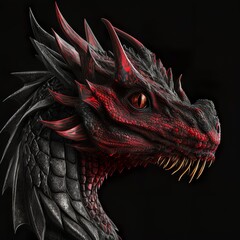 black and red dragon head seen close up on black background sharp spikes teeth eye scary appearance predator reptile jungle brutal wild portrait lizard Generative AI 