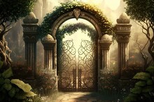 Peaceful Garden With Heavenly Gate, Leading To Eternal Paradise, Created With Generative Ai