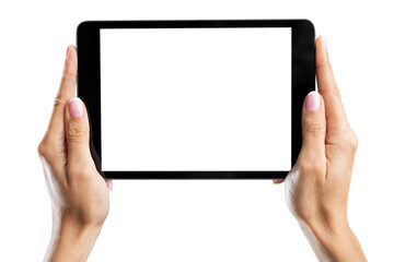 Sticker - Woman holding   digital tablet on background