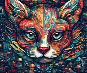 A cartoon portrait of a cat made up of many colorful parts. Generative ai illustration