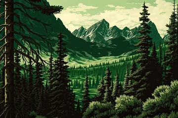 Sticker - forest, with view of emerald green meadow and distant mountains in the background, created with gene