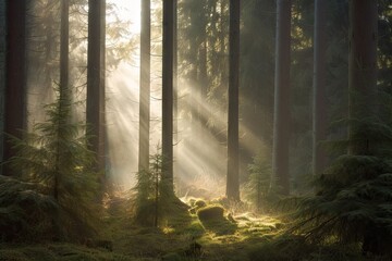 Poster - spruce forest with misty morning sunlight, created with generative ai