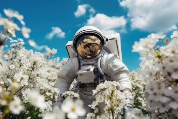 Wall Mural - astronaut floating through fields of blooming flowers, with the blue sky in the background, created with generative ai