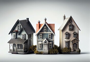 Three houses isolated on white background. Generative AI