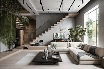 Sticker - a modern and minimalist interior, with greenery and minimalistic accents, created with generative ai