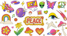 Funky 70s Groovy Elements, retro Cartoon Stickers, Roller Skates And Disco Ball. Trendy Vintage Hippie style fashion sticker, peace Sign With Daisy Flowers, cute mushrooms, rainbow doodle Vector Set