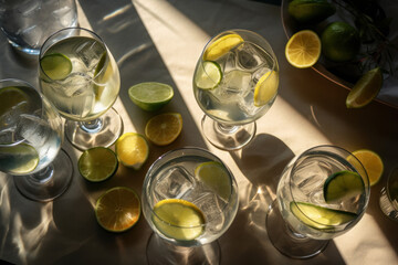 Canvas Print - Overhead shot of a refreshing gin and tonic drink with sunlight and shadows. Generative ai