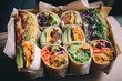 box of tasty and affordable vegan wraps, ready to eat, created with generative ai