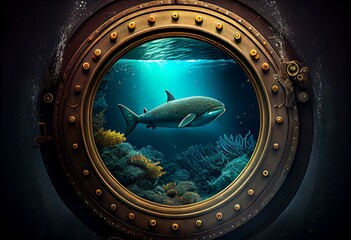 Wall Mural - submarine porthole steam punk background. Generative AI