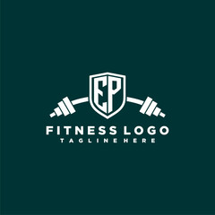 EP initial monogram for fitnes or gym logo with creative shield and barbell design