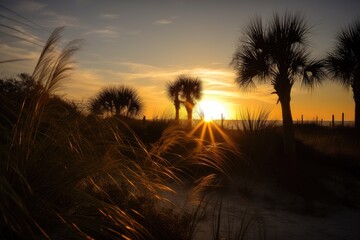 Poster - sun setting behind towering dunes, with silhouetted palm trees on the horizon, created with generative ai