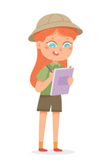 Cute kid explorer in scout outfit studying nature, girl in safari hat and green uniform