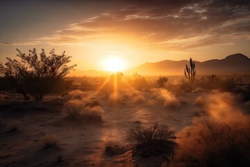 Poster - sun shining through the clouds and onto a desert landscape at sunrise, created with generative ai