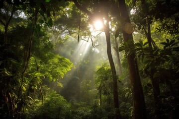 Wall Mural - sunlight filtering through the dense canopy of the amazonas, creating a magical atmosphere, created with generative ai