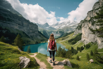 young woman hiking near a beautiful lake in summer, ai generative