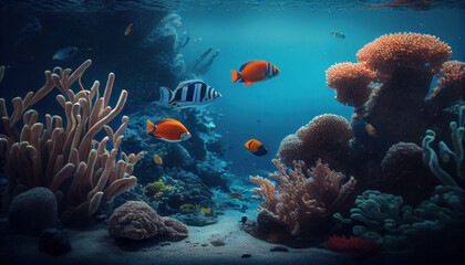 Wall Mural - The underwater world with fish and plants. Al generated