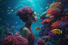Goddess Beauty. Goddess Of Water Wearing An Stunning Crown Of Coral Arices - AI Generated