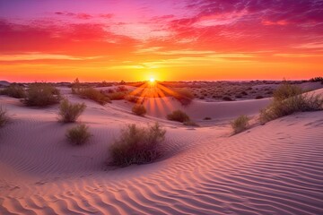 Wall Mural - sunset over desert dunes, with a burst of orange and pink on the horizon, created with generative ai