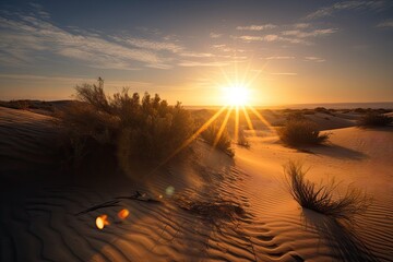 Poster - desert sunrise, with sun rays shining through the dunes and onto the horizon, created with generative ai