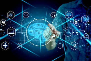 Business technology, IoT Internet of Things, Software development concept. Business man, working on digital tablet, laptop computer. Coding programmer developing mobile apps. Web icons, computer code.
