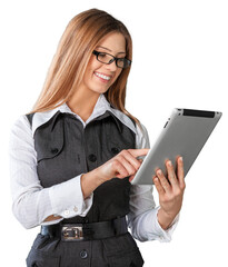 Businesswoman holding tablet pc isolated on white