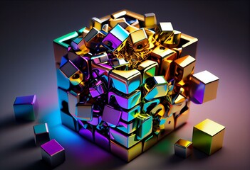 Wall Mural - Colorful cubes inside metallic mesh cube. Abstract illustration, 3d render. Generative AI