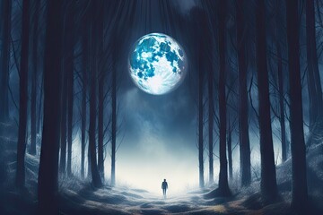 Poster - person, walking through a dreamlike forest, with the moon shining above, created with generative ai