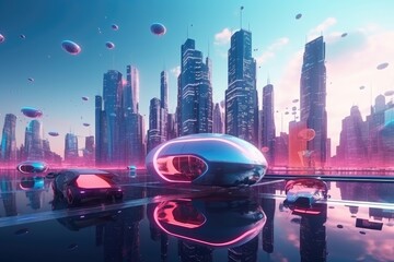 Sticker - visionary and dreamlike scene of futuristic cityscape, with flying cars and holographic billboards, created with generative ai