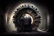 tunnel boring machine working its way through dark and dreary tunnel with only the light of its headlamp to guide the way, created with generative ai
