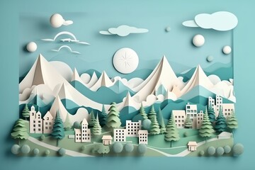Paper cut of Snow landscape with houses, trees and mountains. Natural Environment, 3D illustration, Generative Ai