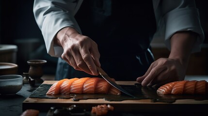 Sushi Chef Slices fresh Salmon on the sushi bar. Chef cutting salmon fillet at professional kitchen. Closeup chef hands slicing fresh fish slice in slow motion. Professional man cutting red fish