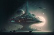Sci-fi fantasy floating city in the vastness space, futuristic mega space station holding cityscape scenery in dark imaginative atmospheric. Superb Generative AI