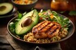 Marinated grilled healthy chicken breasts cooked on a summer BBQ and served with fresh avocado and vegetables, close up view. AI generated