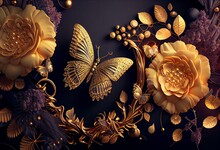 3d Jewelry Flower Golden And Butterfly Luxury Background For Wall. Generative AI