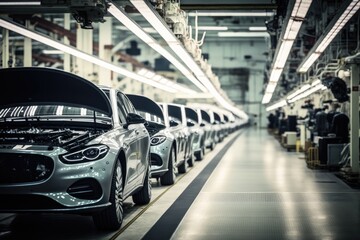 Production assembly line of modern cars. Ai generative.