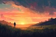 © Angus.YW - Digital painting of a man walking in a meadow at sunset, Generative Ai