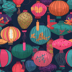 Canvas Print - seamless background Chinese colorful lanterns on a black background