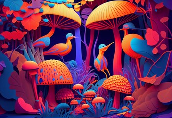 Colorful playful forest scene with mushrooms and exotic birds and plants in vivid peakcock colors, psychedelic style, illustration design generative ai art style