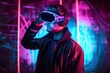 © Angus.YW - Portrait of a young man in virtual reality glasses on dark background, generative Ai