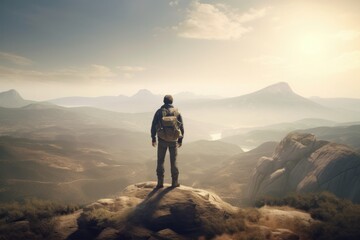 Hiker with backpack standing on top of a rock and looking at the beautiful landscape, generative Ai