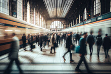 Blurred Crowd People Walking In Train Station. Generative AI
