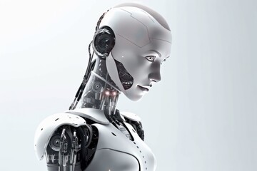 An artificially intelligent, Robot woman. 3D rendering humanoid robot isolated on gray background, in the style of light silver and white, close-up intensity, Generative Ai
