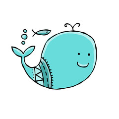 Poster - Funny wild whale character. Childish style icon, turquoise colors. Isolated on white for your design