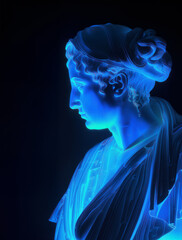 Wall Mural - Gypsum ancient statue over black background, blue dramatic light. Generative ai