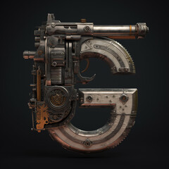 gun, steampunk, alphabet, a, b, c d, f, g, h, j, k, l, m, n, p, q, r, s, t, v, x, z, weapon, isolated, metal, old, machine, white, equipment, steel, technology, retro, tool, iron, generative ai