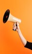 Illustration of hand holding megaphone, marketing and sales concept, orange background. Generative AI