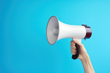 Illustration of hand holding megaphone, marketing and sales concept, blue background. Generative AI